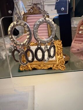 Hammered Silver-Tone Dangle Hoop Earrings